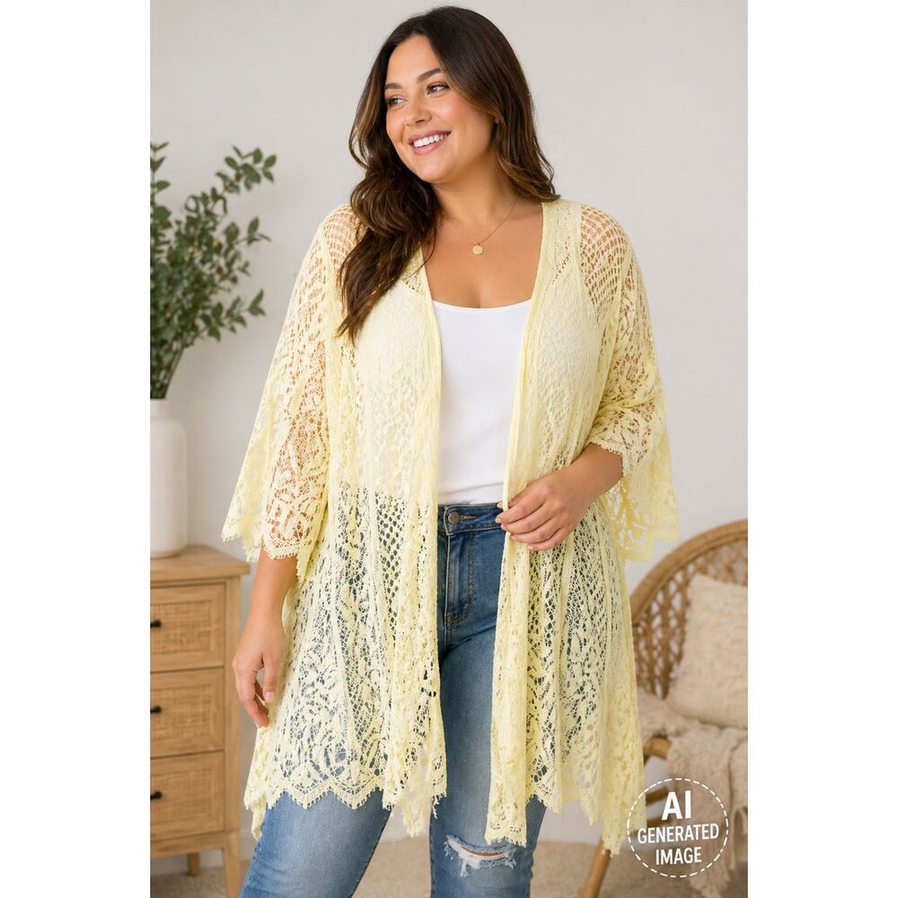 Torrid Yellow Lace Kimono Cardigan Sheer Open Front Size L